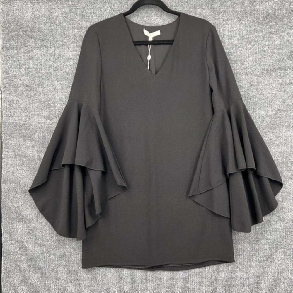 Wayf Dress Womens XS Black Shift Bell Sleeve Lined V-Neck Cocktail LBD New